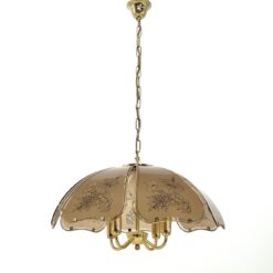 Pakabinamas Edison Light aukso spalvos keturių šakų metalinis šviestuvas su augalinių motyvų stiklais 56x56x92 cm