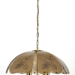Pakabinamas Edison Light aukso spalvos keturių šakų metalinis šviestuvas su augalinių motyvų stiklais 56x56x92 cm