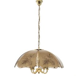 Pakabinamas Edison Light aukso spalvos keturių šakų metalinis šviestuvas su augalinių motyvų stiklais 56x56x92 cm