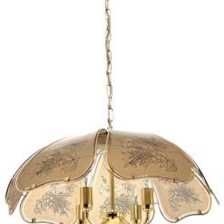 Pakabinamas Edison Light aukso spalvos keturių šakų metalinis šviestuvas su augalinių motyvų stiklais 56x56x92 cm