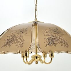 Pakabinamas Edison Light aukso spalvos keturių šakų metalinis šviestuvas su augalinių motyvų stiklais 56x56x92 cm