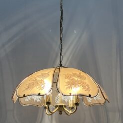 Pakabinamas Edison Light aukso spalvos keturių šakų metalinis šviestuvas su augalinių motyvų stiklais 56x56x92 cm