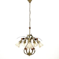 Pakabinamas Sorpetaler Leuchten metalinis augalinių motyvų penkių šakų šviestuvas stikliniais gaubtais 55x55x132 cm