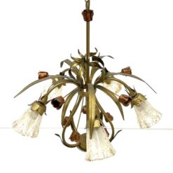 Pakabinamas Sorpetaler Leuchten metalinis augalinių motyvų penkių šakų šviestuvas stikliniais gaubtais 55x55x132 cm
