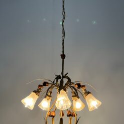 Pakabinamas Sorpetaler Leuchten metalinis augalinių motyvų penkių šakų šviestuvas stikliniais gaubtais 55x55x132 cm