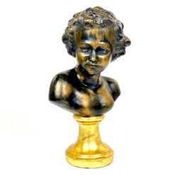 Bronzos ir žalvario spalvų vaiko biustas iš gipso 14x20x36 cm