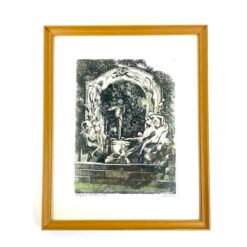 Spalvotas Hans Leisch grafikos darbas, vaizduojantis Johano Štrauso paminklą Vienoje, mediniame rėme su stiklu 2x26x32 cm