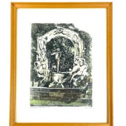 Spalvotas Hans Leisch grafikos darbas, vaizduojantis Johano Štrauso paminklą Vienoje, mediniame rėme su stiklu 2x26x32 cm