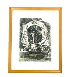 Spalvotas Hans Leisch grafikos darbas, vaizduojantis Johano Štrauso paminklą Vienoje, mediniame rėme su stiklu 2x26x32 cm