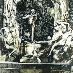 Spalvotas Hans Leisch grafikos darbas, vaizduojantis Johano Štrauso paminklą Vienoje, mediniame rėme su stiklu 2x26x32 cm