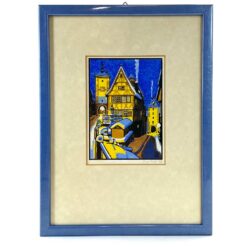 Spalvotas Wilhelm Grätsch grafikos darbas, vaizduojantis Plönlein aikštę Rothenburg ob der Tauber miestelyje, mediniame rėme su stiklu 1,5x24x32 cm