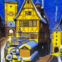 Spalvotas Wilhelm Grätsch grafikos darbas, vaizduojantis Plönlein aikštę Rothenburg ob der Tauber miestelyje, mediniame rėme su stiklu 1,5x24x32 cm