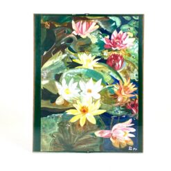 Guašu ant popieriaus tapytas paveikslas "Vandens lelijos" su stiklu ir porėmiu 0,5x28x35 cm