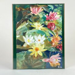 Guašu ant popieriaus tapytas paveikslas „Vandens lelijos” su stiklu ir porėmiu 0,5x28x35 cm