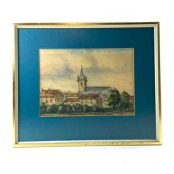 Akvarele ant popieriaus tapytas miesto peizažas mediniame rėme su stiklu 2x43x36 cm