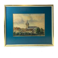 Akvarele ant popieriaus tapytas miesto peizažas mediniame rėme su stiklu 2x43x36 cm