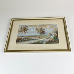 Guašu ant popieriaus tapytas gamtos peizažas su beržais mediniame rėme su stiklu 2x42x32cm