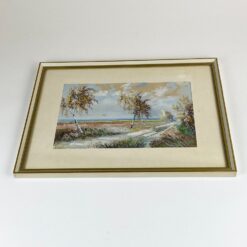 Guašu ant popieriaus tapytas gamtos peizažas su beržais mediniame rėme su stiklu 2x42x32cm